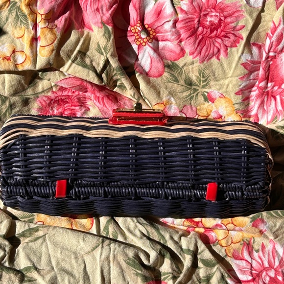 JCrew NWT wicker clutch blue w/ red leather closure - Picture 9 of 11